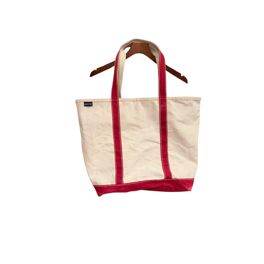 Vintage 90s Lands End Canvas Tote Bag Red Cream Open Top Heavy Duty Shopper Bag